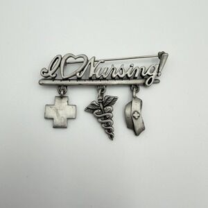 Vintage pewter nursing brooch pin I love nursing medical caduceus nurse cap